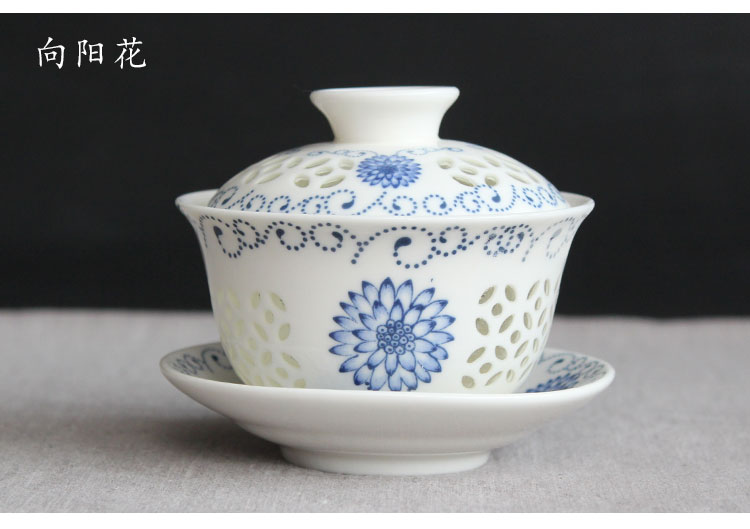 卡玻璃的瓷器茶具：14款手工青花鏤空茶具蓋碗