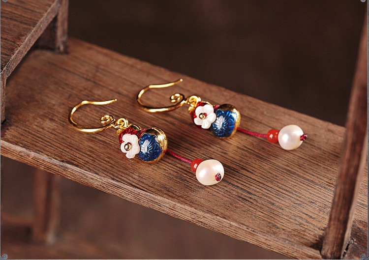古典古風葫蘆耳環(huán)，復古貝殼花朵耳飾耳環(huán)