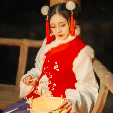 新春吉祥拿福女生頭像，蓮花燈唯美古風頭像