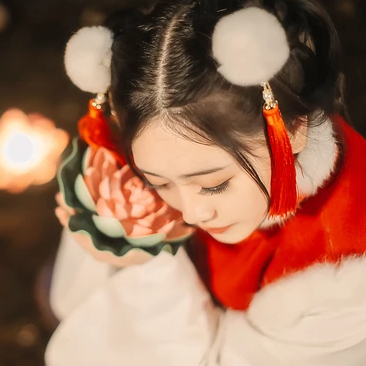 新春吉祥拿福女生頭像，蓮花燈唯美古風頭像