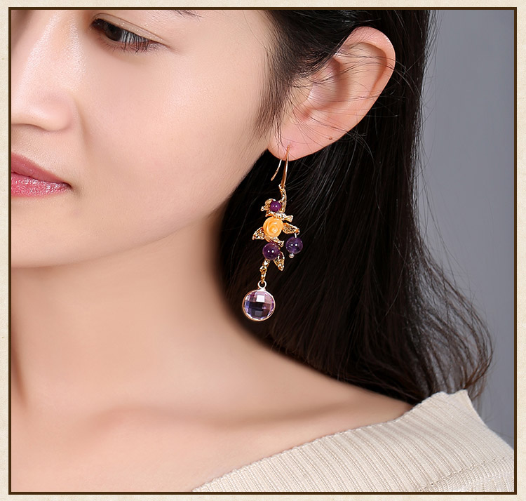 古風宮廷氣質耳環(huán)，淡紫個性鳥兒耳飾首飾