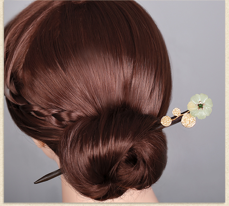 古典盤發(fā)玉花珠釵，古風岫玉發(fā)釵發(fā)簪頭飾