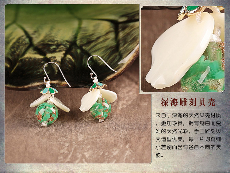 琉璃貝殼耳墜，氣質清新銀耳環(huán)首飾