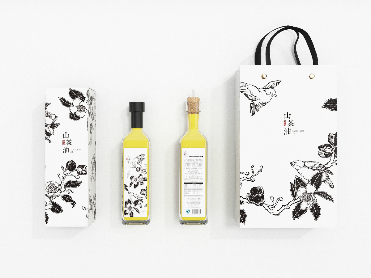 山茶油包裝設(shè)計(jì)，手繪圖案食品包裝設(shè)計(jì)