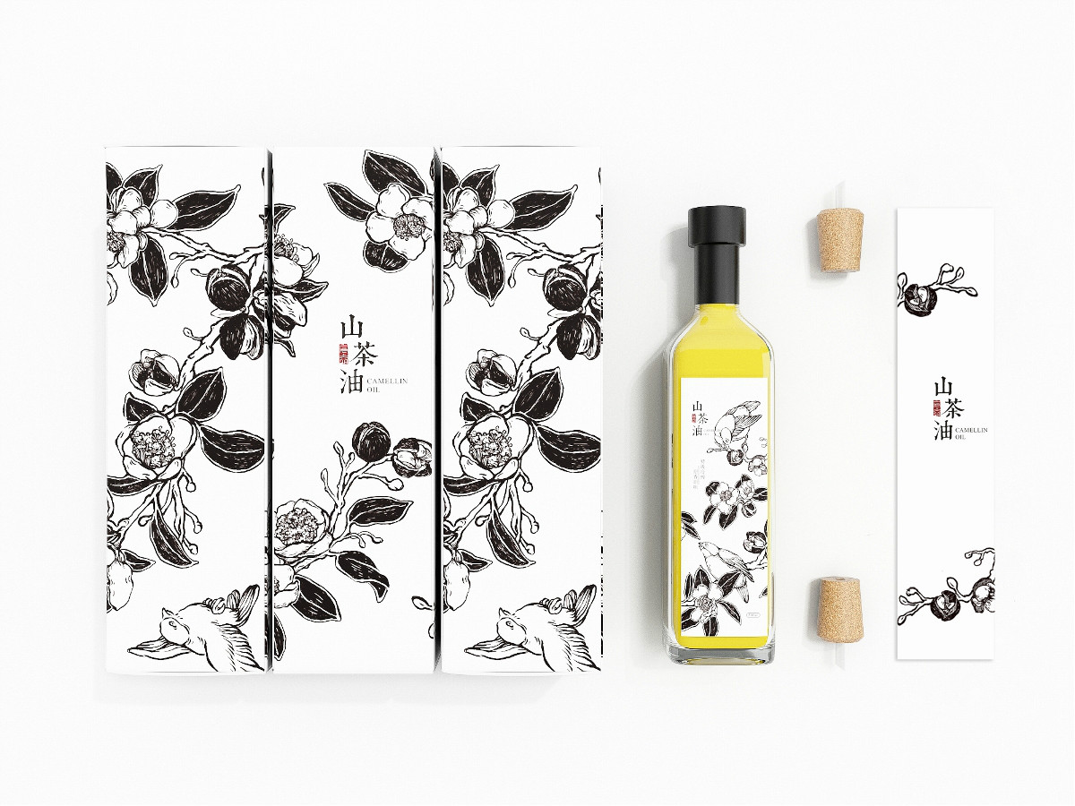 山茶油包裝設(shè)計，手繪圖案食品包裝設(shè)計