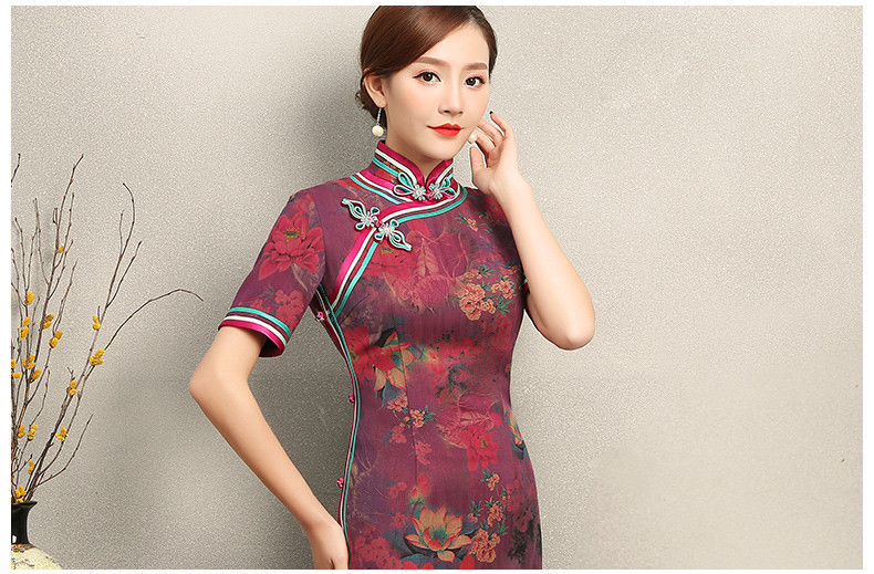 紫蘇韻味印花旗袍，民族風(fēng)包邊短袖旗袍裙