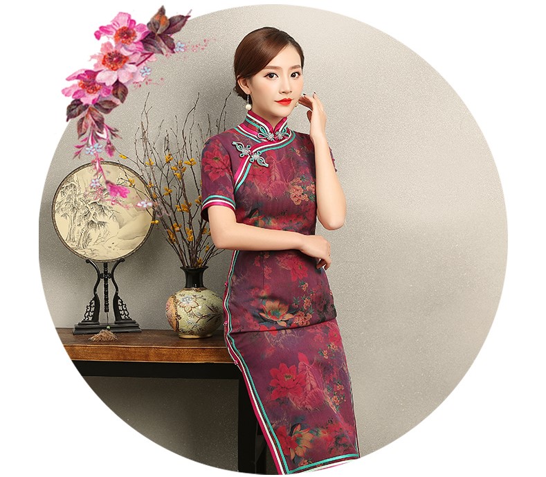 紫蘇韻味印花旗袍，民族風(fēng)包邊短袖旗袍裙
