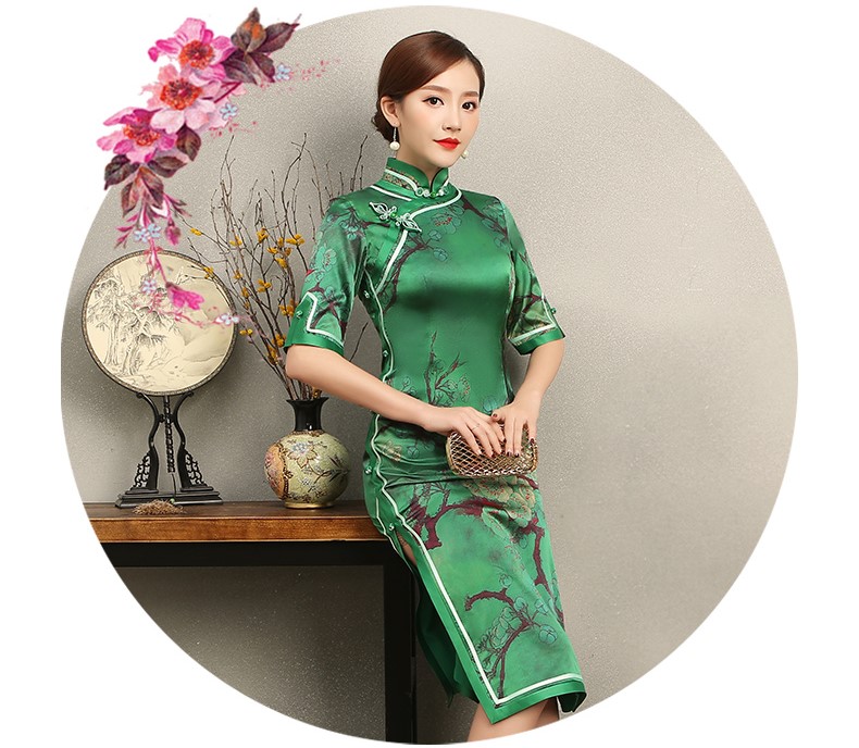 花枝印花綠色旗袍，民族風短袖旗袍裙