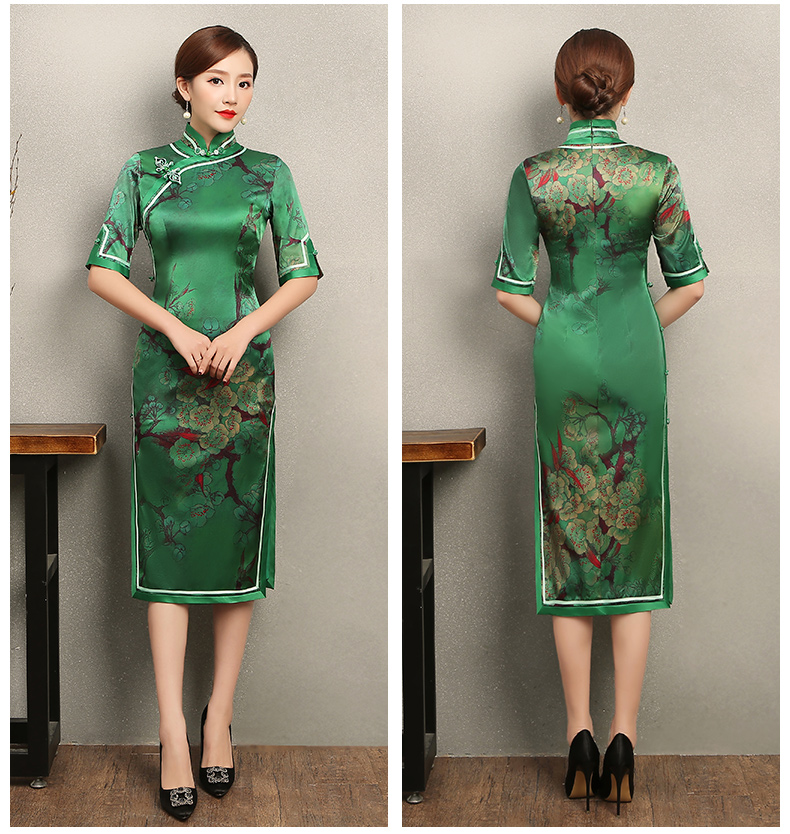 花枝印花綠色旗袍，民族風短袖旗袍裙