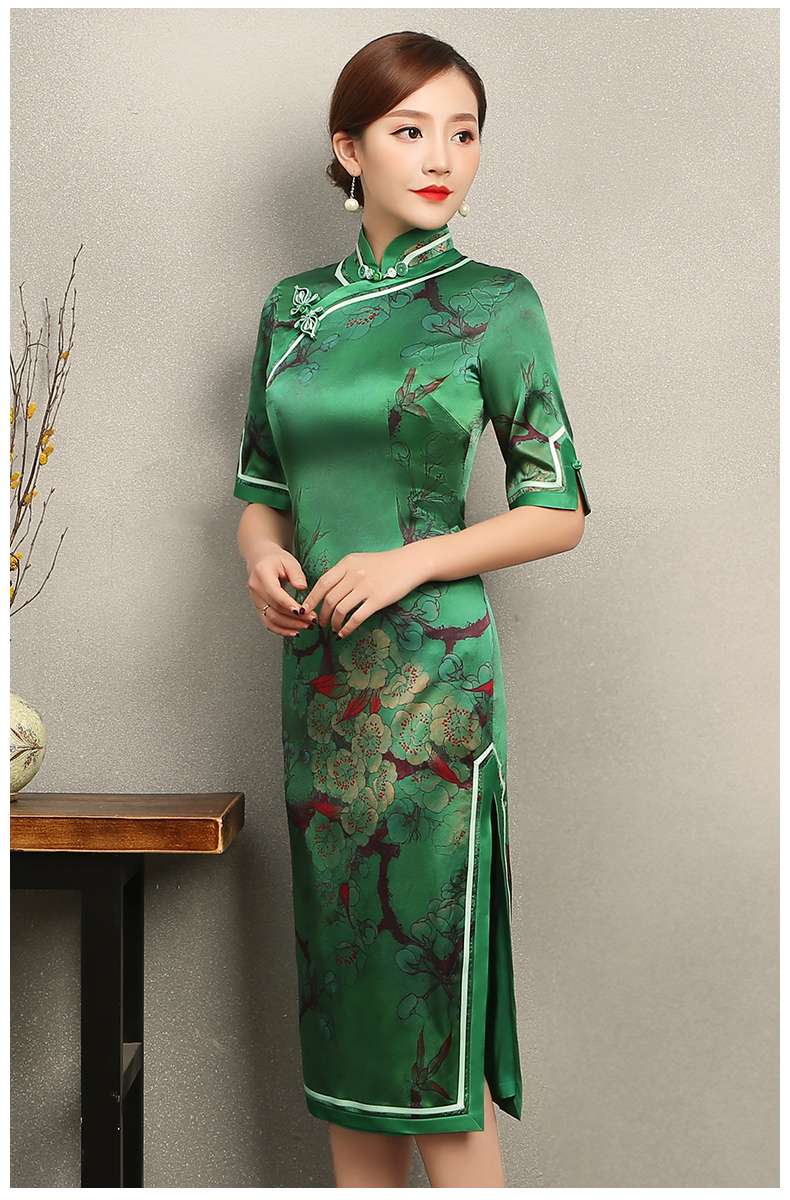花枝印花綠色旗袍，民族風短袖旗袍裙