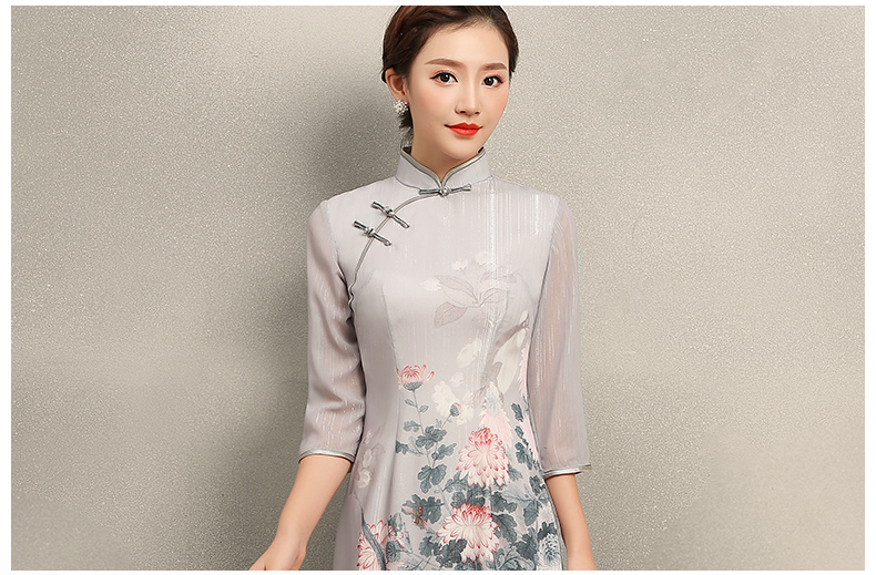淡灰色花閣旗袍，奧黛風(fēng)中式旗袍裙