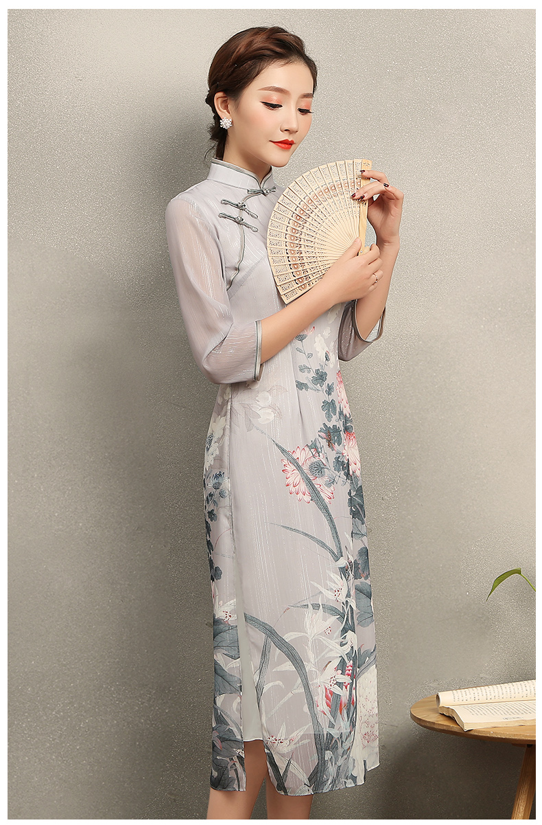 淡灰色花閣旗袍，奧黛風(fēng)中式旗袍裙