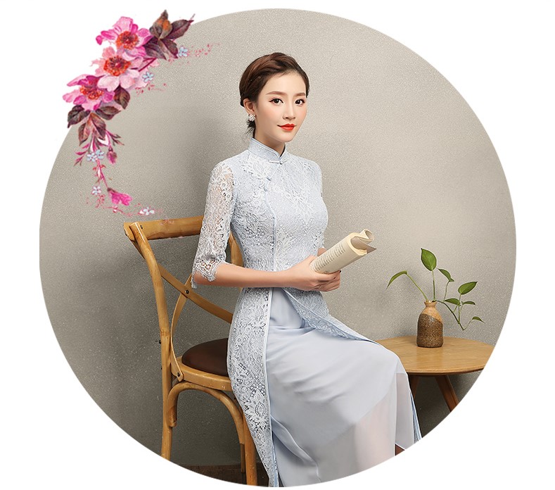 氣質(zhì)素藍色蕾絲旗袍，中袖中式旗袍裙