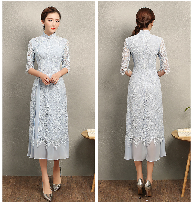 氣質(zhì)素藍色蕾絲旗袍，中袖中式旗袍裙