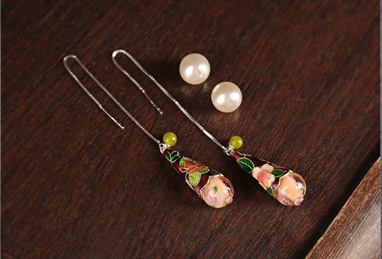 古風氣質(zhì)琉璃景泰藍耳環(huán)，水滴造型純銀耳線首