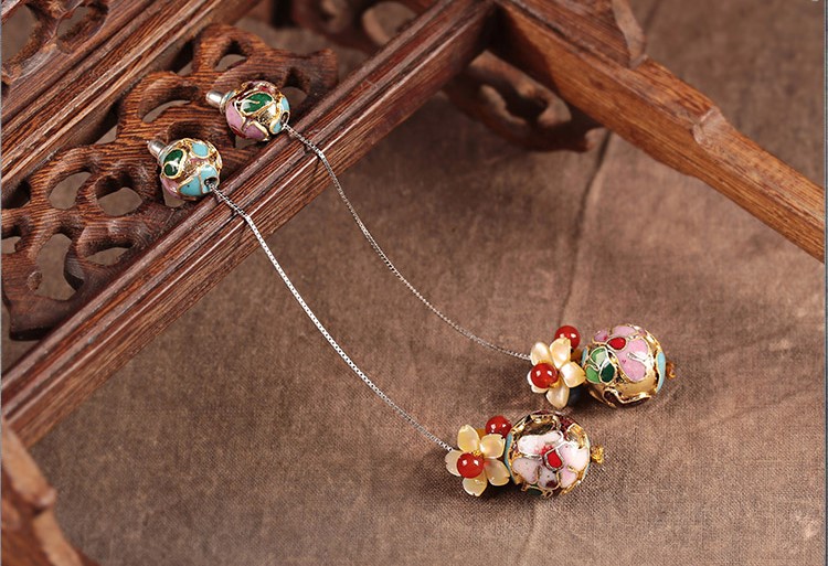 華麗景泰藍(lán)耳環(huán)，花朵圓珠純銀耳線首飾