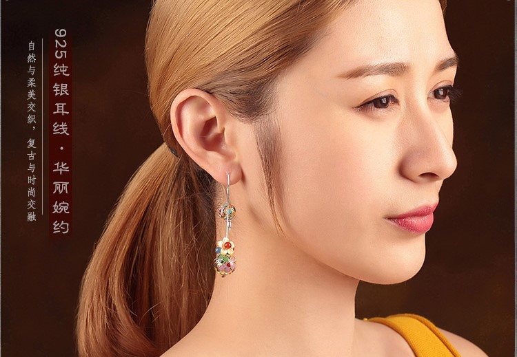 華麗景泰藍(lán)耳環(huán)，花朵圓珠純銀耳線首飾