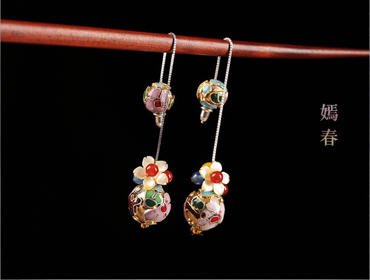 華麗景泰藍(lán)耳環(huán)，花朵圓珠純銀耳線首飾