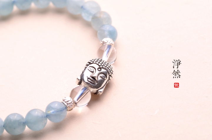 釋迦摩尼佛像銀手鏈，凈然海藍(lán)寶手串