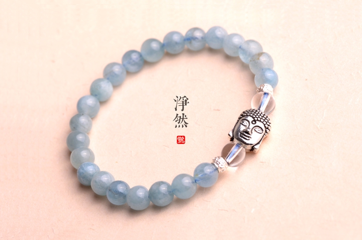 釋迦摩尼佛像銀手鏈，凈然海藍(lán)寶手串