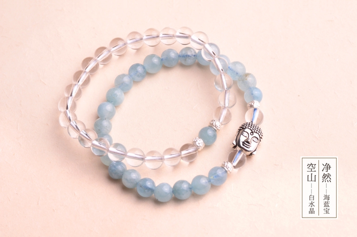 釋迦摩尼佛像銀手鏈，凈然海藍(lán)寶手串