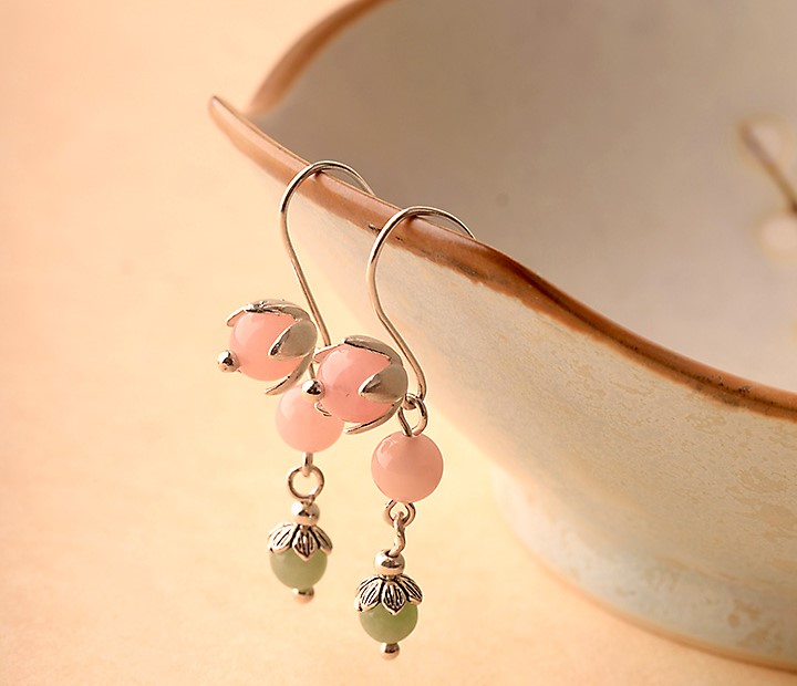 粉色小清新風(fēng)翡翠耳飾，天然粉晶惜春耳環(huán)首飾