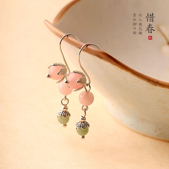 粉色小清新風(fēng)翡翠耳飾，天然粉晶惜春耳環(huán)首飾
