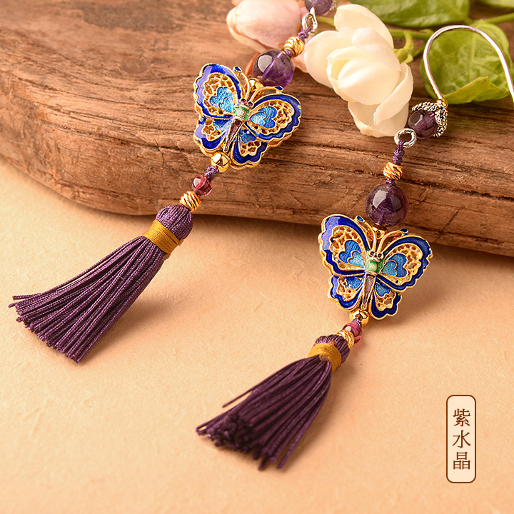 銀蝴蝶長流蘇氣質，典雅古風耳環(huán)首飾