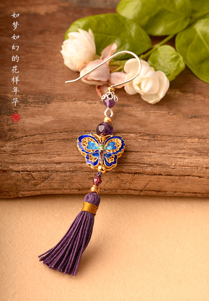 銀蝴蝶長流蘇氣質，典雅古風耳環(huán)首飾