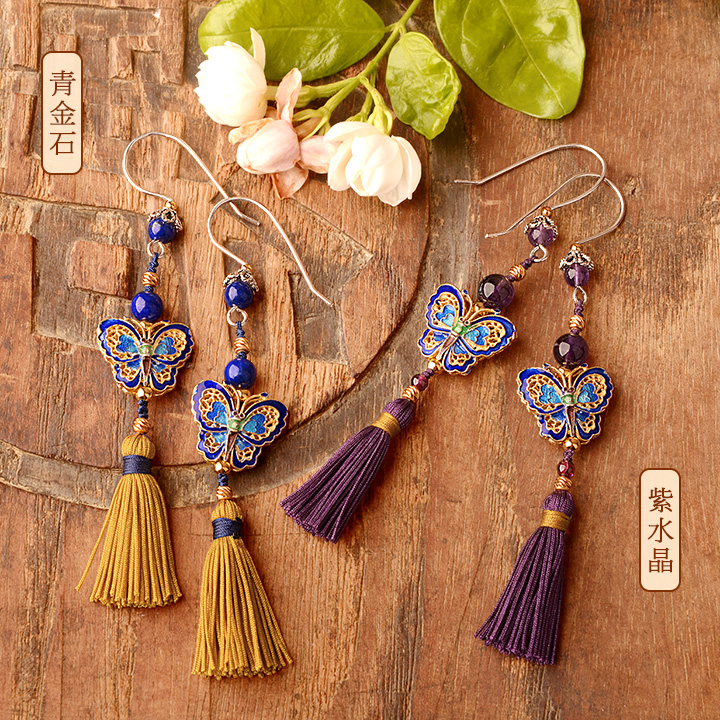 銀蝴蝶長流蘇氣質，典雅古風耳環(huán)首飾