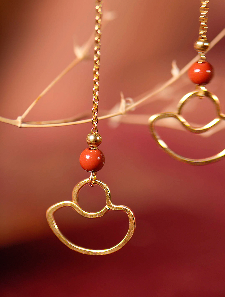 手工元寶耳線耳飾，天然朱砂耳環(huán)首飾