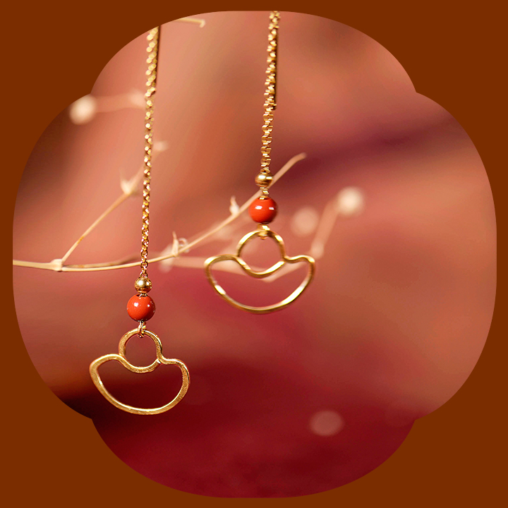 手工元寶耳線耳飾，天然朱砂耳環(huán)首飾