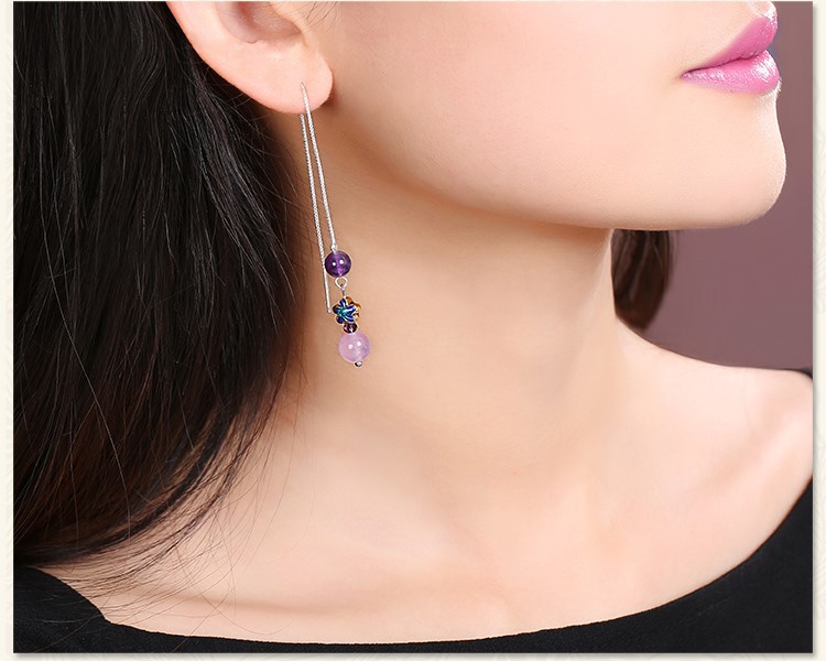 紫色小巧時(shí)尚耳飾，古典銀線長(zhǎng)款耳環(huán)