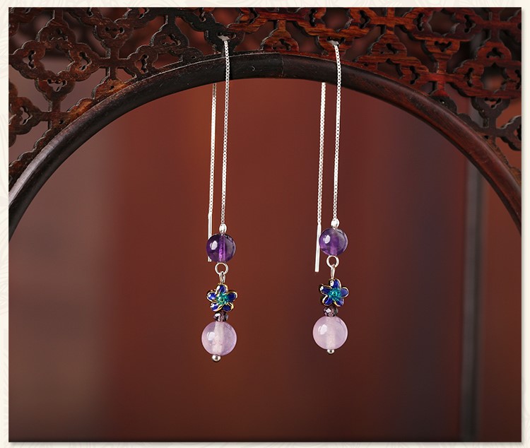 紫色小巧時(shí)尚耳飾，古典銀線長(zhǎng)款耳環(huán)