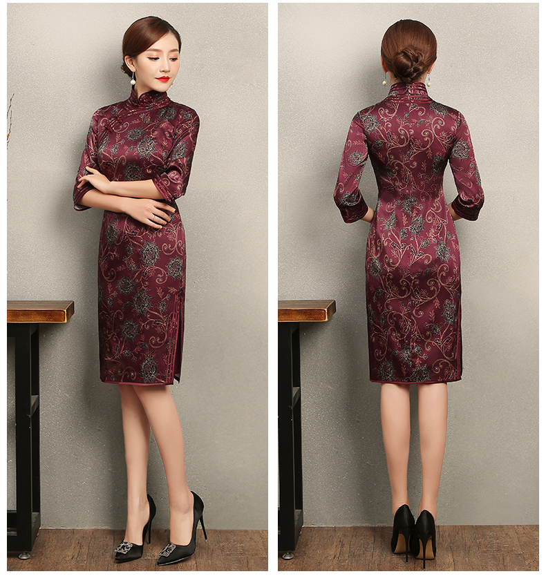端莊典雅紫紅色旗袍，中袖真絲旗袍裙