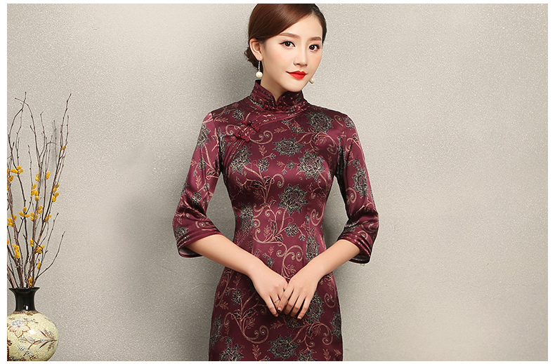 端莊典雅紫紅色旗袍，中袖真絲旗袍裙