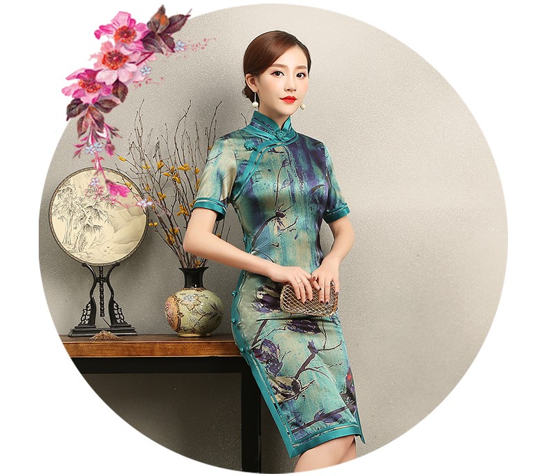 古典韻味花良旗袍，撞色花枝短袖旗袍裙