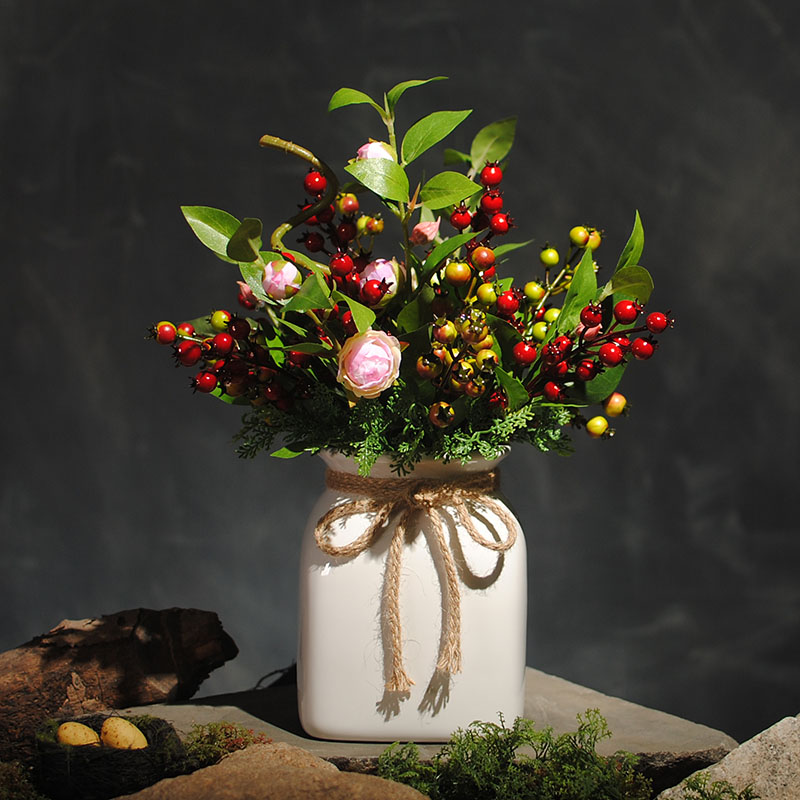 可愛漿果插花藝術(shù)，仿真茶花中式花藝