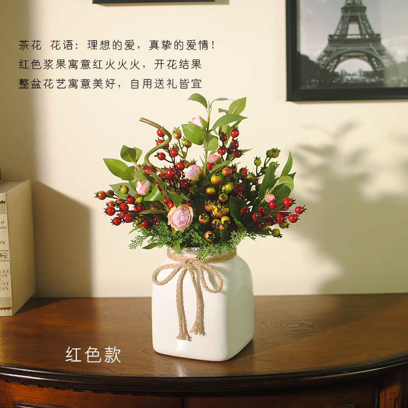 可愛漿果插花藝術(shù)，仿真茶花中式花藝