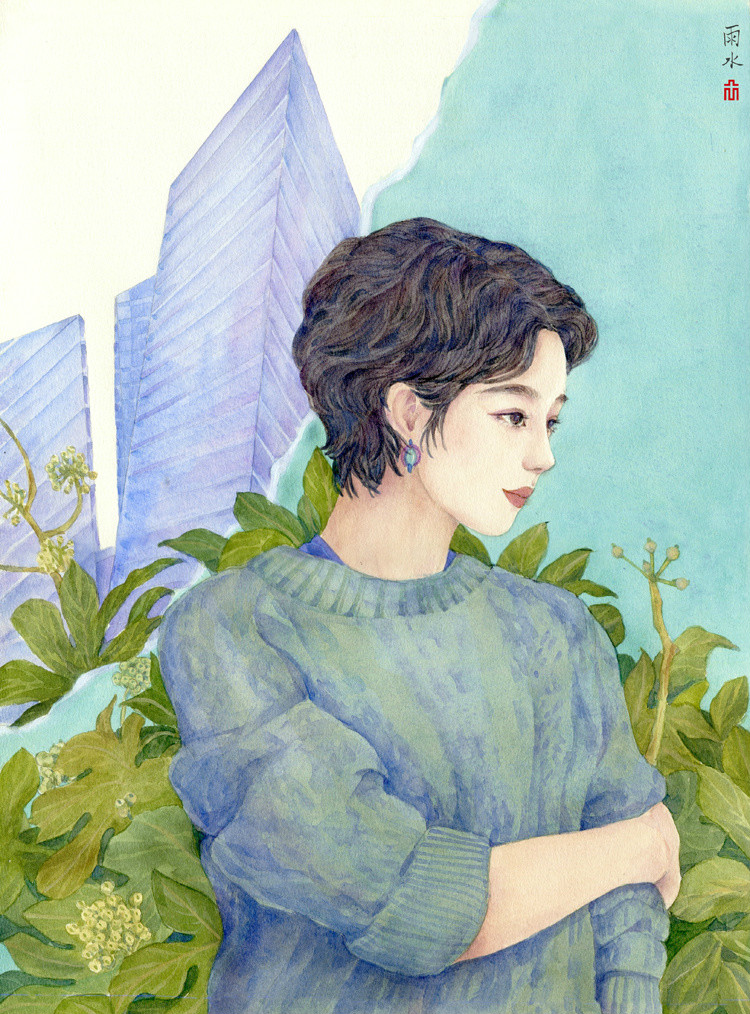 24節(jié)氣水彩手繪插畫，清新淡雅唯美女子插畫