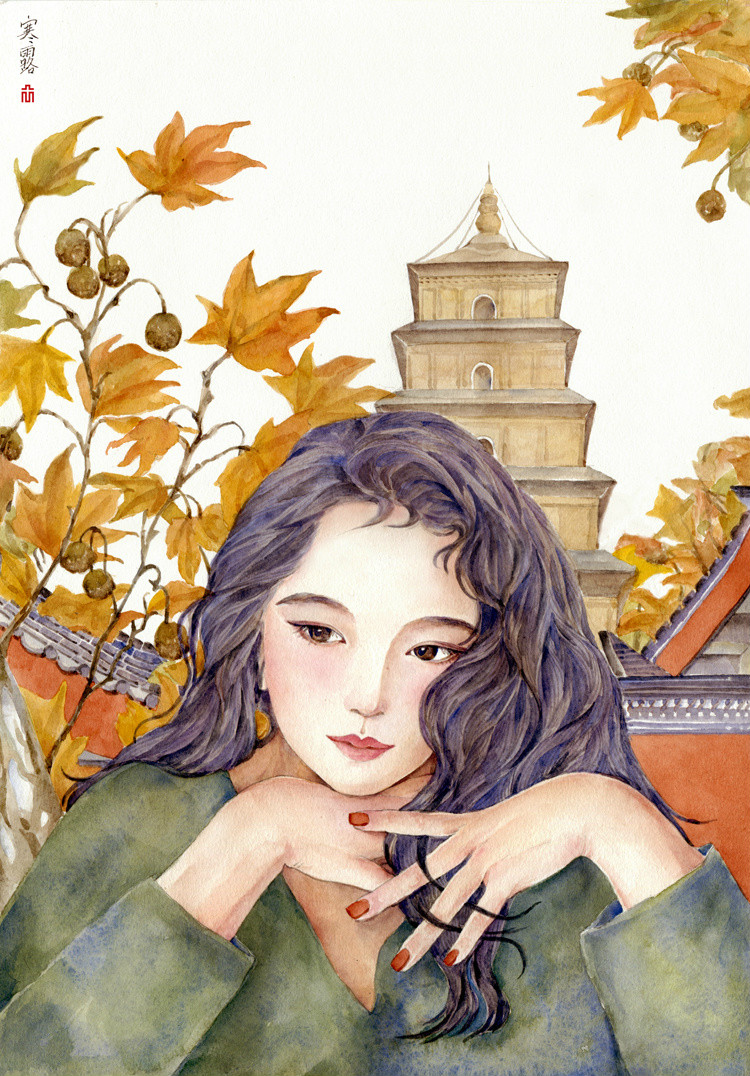 24節(jié)氣水彩手繪插畫，清新淡雅唯美女子插畫