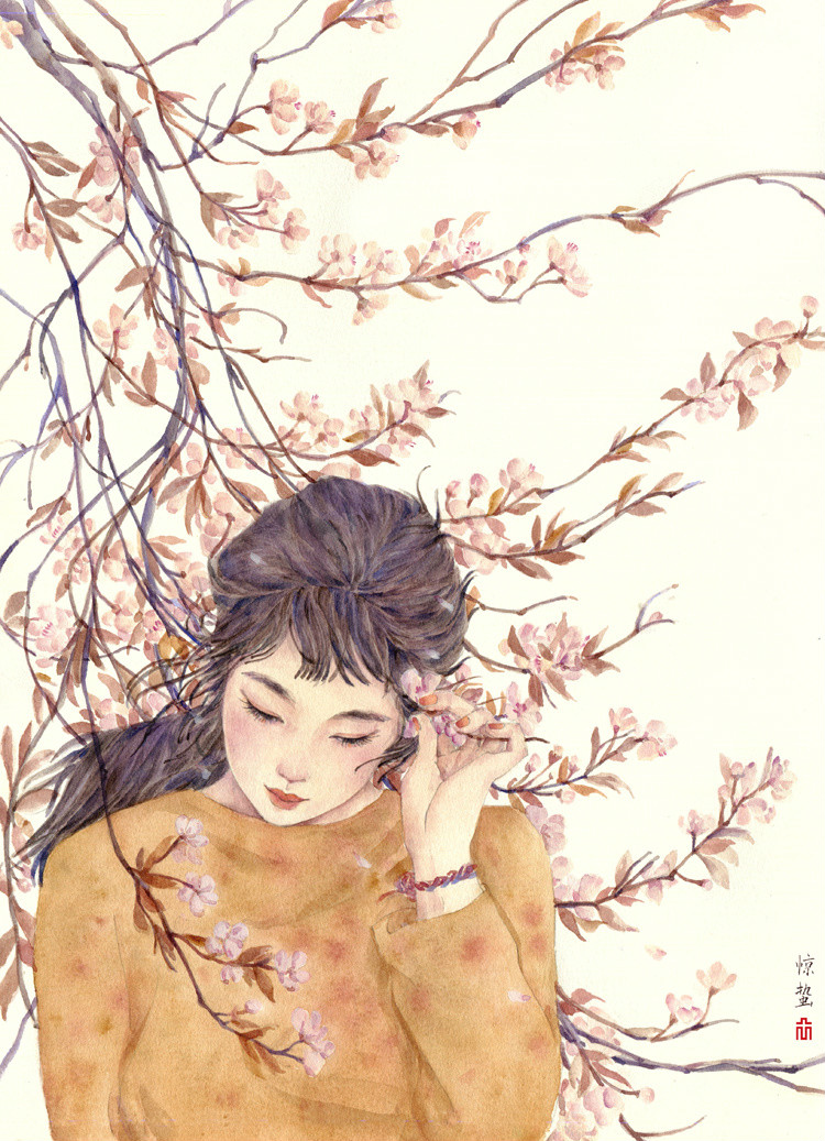 24節(jié)氣水彩手繪插畫，清新淡雅唯美女子插畫