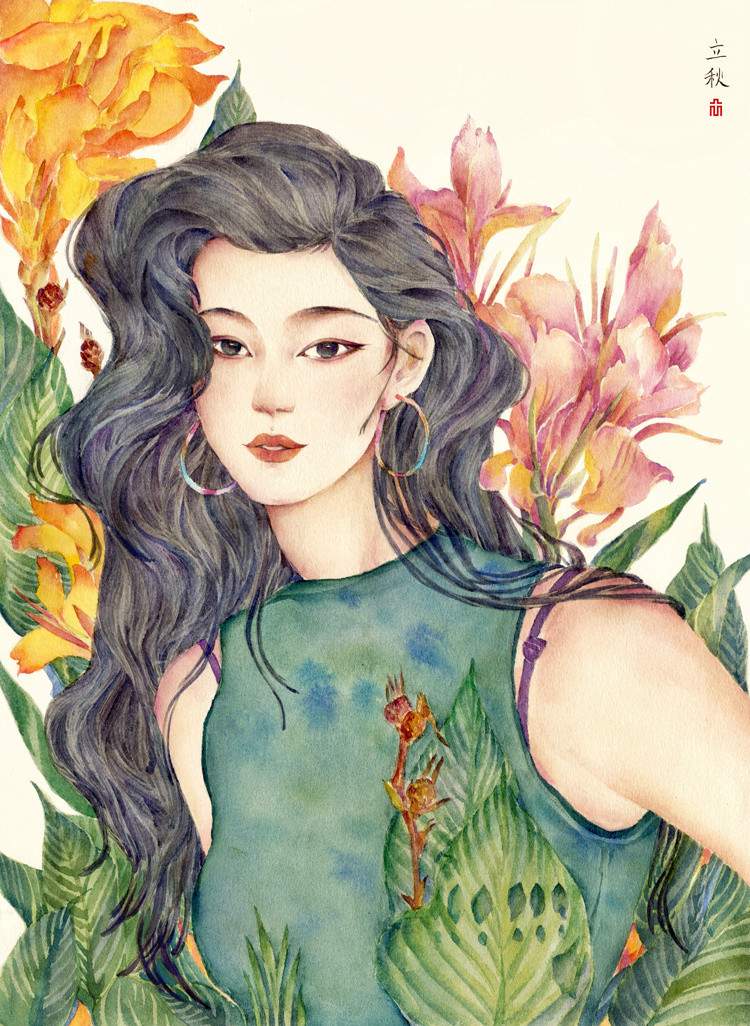 24節(jié)氣水彩手繪插畫，清新淡雅唯美女子插畫