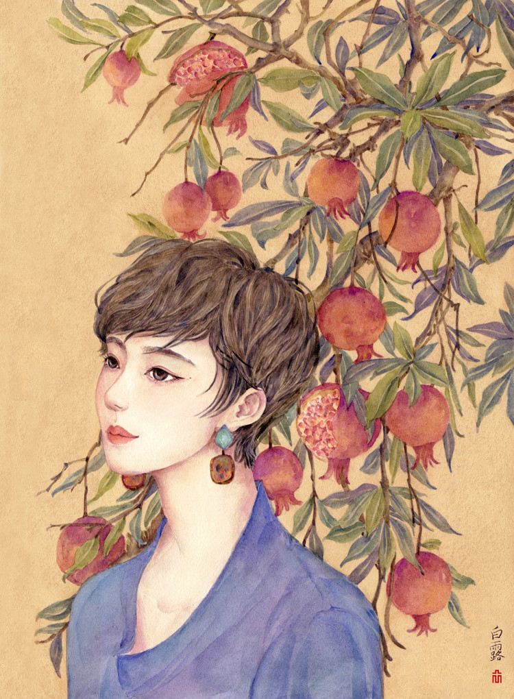 24節(jié)氣水彩手繪插畫，清新淡雅唯美女子插畫