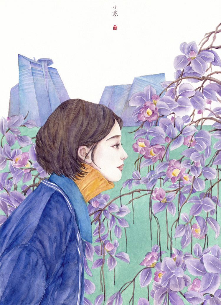 24節(jié)氣水彩手繪插畫，清新淡雅唯美女子插畫