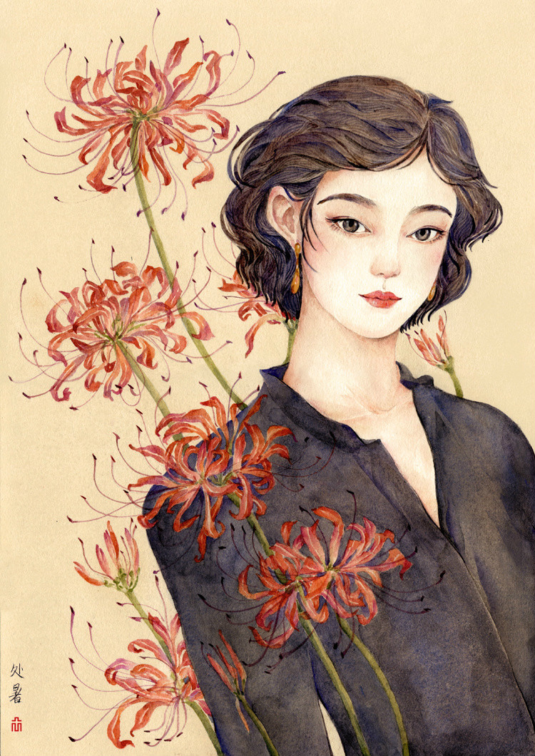 24節(jié)氣水彩手繪插畫，清新淡雅唯美女子插畫