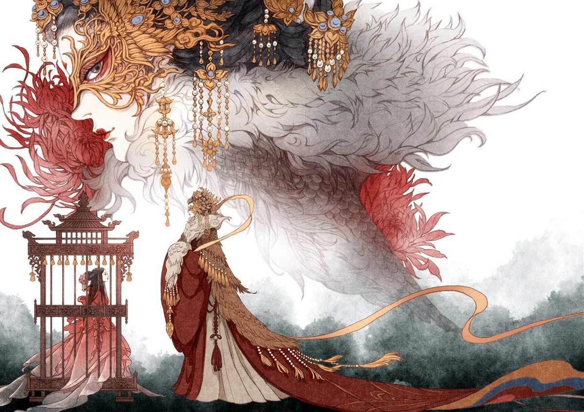 9款古風(fēng)插畫，半面妝插畫合集欣賞