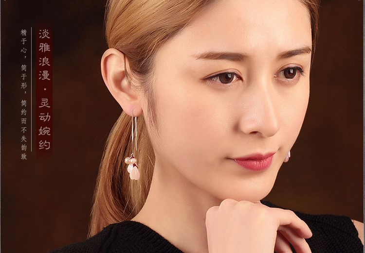 靈動(dòng)浪漫耳線耳飾，心形粉海貝雕花長(zhǎng)款耳環(huán)