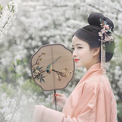 花林粉衣帶團(tuán)扇女生頭像，唯美古風(fēng)真人頭像