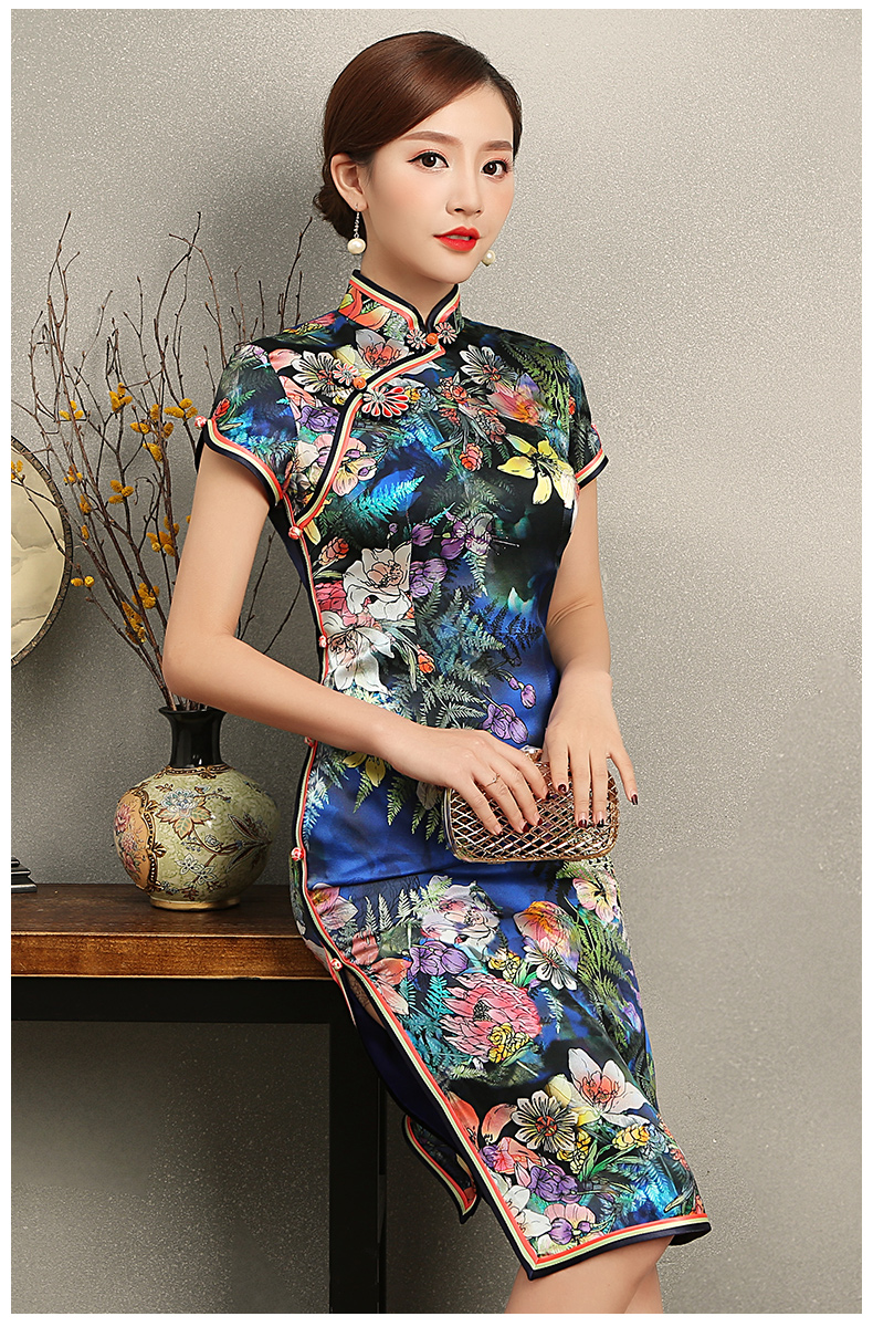 蔓如花靚麗旗袍，唯美短袖印花旗袍裙